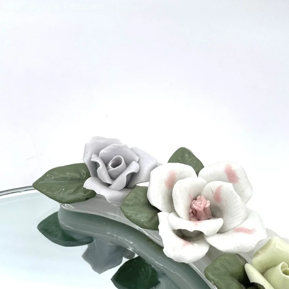 Vintage Oval Mirrored Vanity Tray Ceramic Porcelain Floral Rose Accents